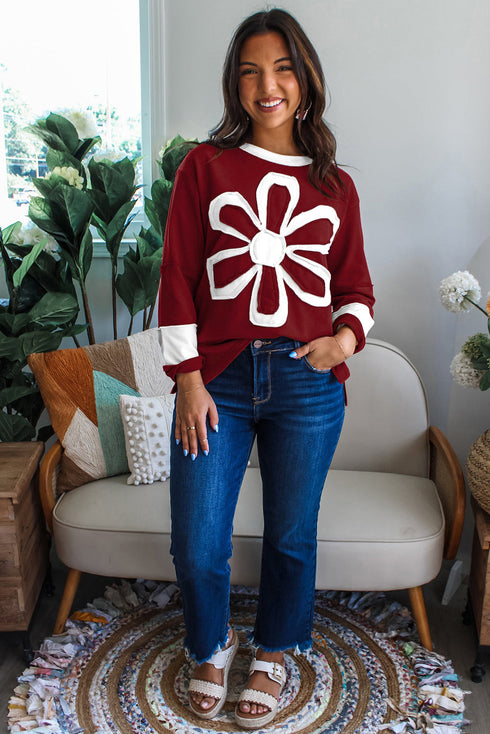 Daisy Applique Round Neck Long Sleeve Top